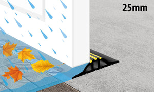 Illustrazione che mostra come la soglia della porta del garage da 25 mm blocca l'acqua