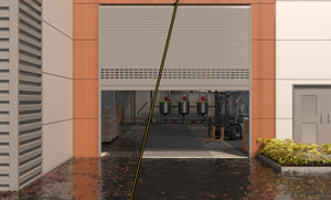 Immagine CGI di un magazzino prima e dopo l'installazione di una soglia per porte commerciali