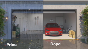 un garage prima e dopo l'installazione di una guarnizione del pavimento della porta del garage